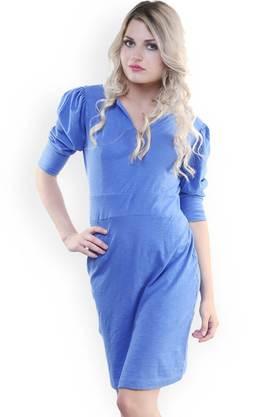 solid cotton v-neck women's knee length dress - blue