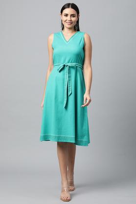 solid cotton v neck women's knee length dress - blue