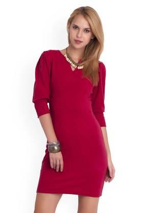 solid cotton v-neck women's knee length dress - maroon