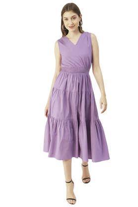 solid cotton v neck women's maxi dress - lavender