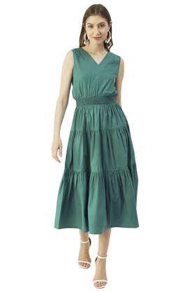 solid cotton v neck women's maxi dress - teal_green