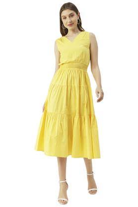 solid cotton v neck women's maxi dress - yellow