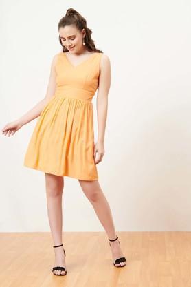 solid cotton v neck women's mini dress - orange