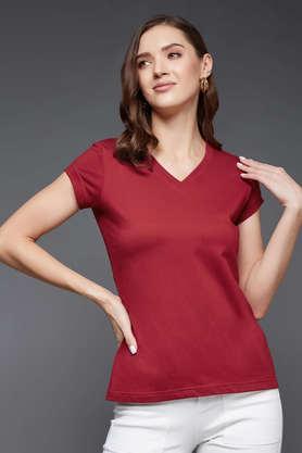 solid cotton v-neck women's top - maroon