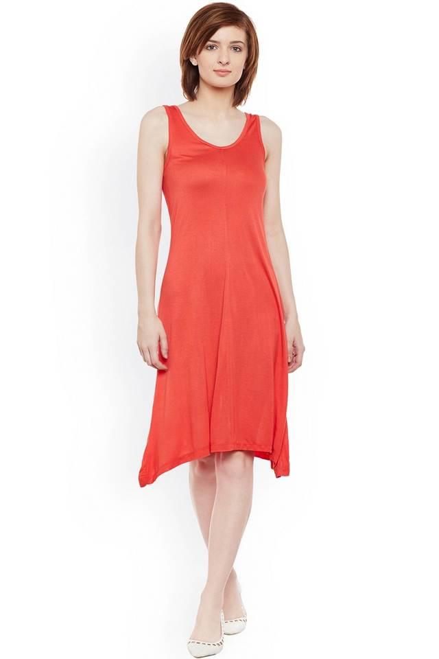 solid cotton v-neck womens knee length dress