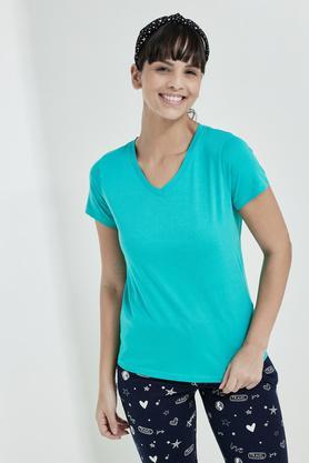 solid cotton v neck womens t-shirt - blue