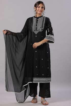 solid cotton woven women's kurta pant dupatta set - black