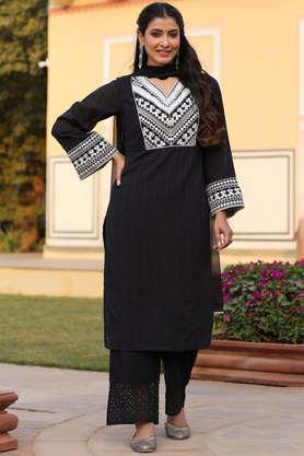 solid cotton woven women's kurta pant dupatta set - black