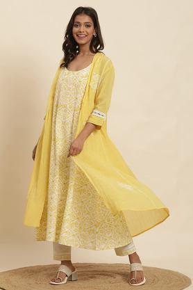 solid cotton woven women's kurta set - yellow