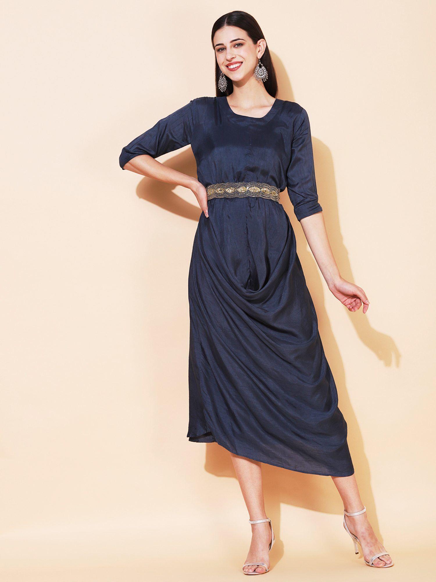 solid cowl midi dress with hand embroidered belt navy blue (set of 3)