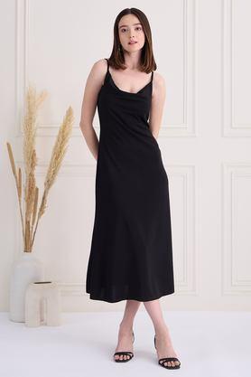 solid cowl neck lycra women's full length dress - black