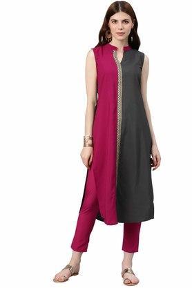 solid crepe collar neck women's ethnic set - pink