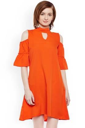 solid crepe halter neck women's mini dress - orange