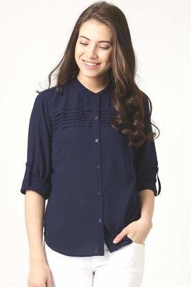 solid crepe mandarin womens casual wear shirt - navy