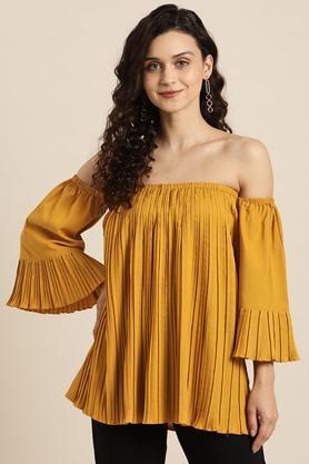 solid crepe off shoulder women's top - mustard