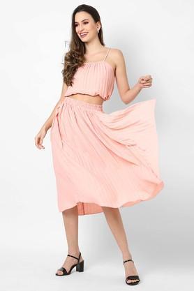 solid crepe off shoulder womens top skirt set - pink