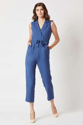 solid crepe relaxed fit women's jumpsuit - blue