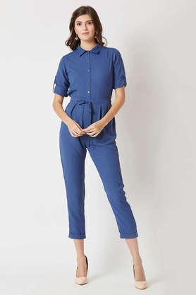 solid crepe relaxed fit women's jumpsuit - blue
