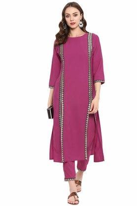 solid crepe round neck women's ethnic set - pink