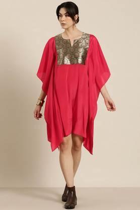 solid crepe round neck women's kaftan - red