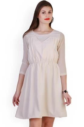 solid crepe round neck women's knee length dress - cream