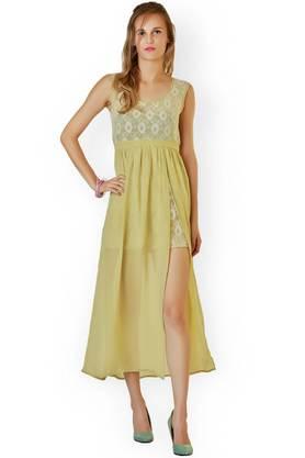 solid crepe round neck women's knee length dress - olive