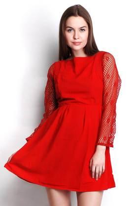 solid crepe round neck women's knee length dress - red