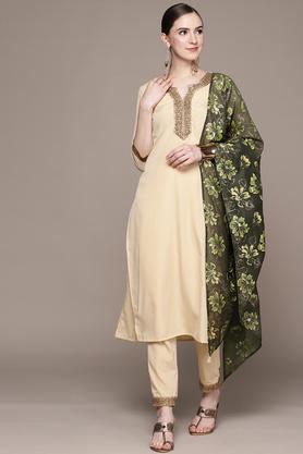 solid crepe round neck women's kurta pant dupatta set - cream