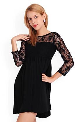 solid crepe round neck women's mini dress - black