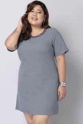 solid crepe round neck women's mini dress - grey