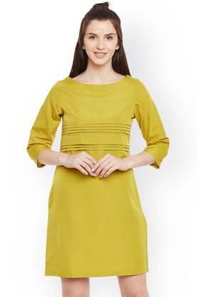 solid crepe round neck women's mini dress - mustard