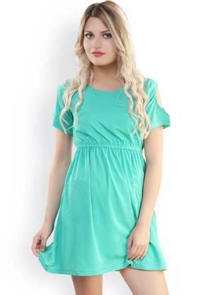 solid crepe round neck women's mini dress - sea green