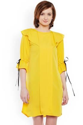 solid crepe round neck women's mini dress - yellow