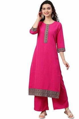 solid crepe round neck women's straight kurta - pink