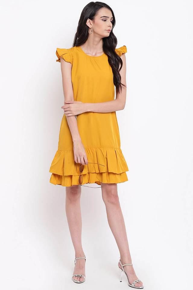 solid crepe round neck womens knee length dress