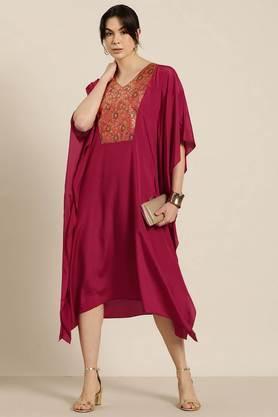 solid crepe v-neck women's kaftan - red