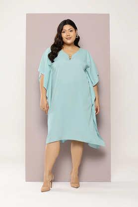 solid crepe v-neck women's knee length dress - turquoise