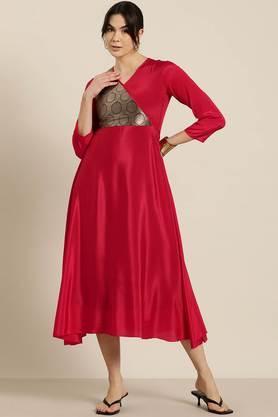 solid crepe v-neck women's midi dress - red