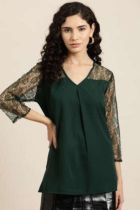 solid crepe v neck women's top - green