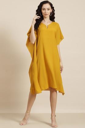 solid crepe v neck womens midi dress - yellow