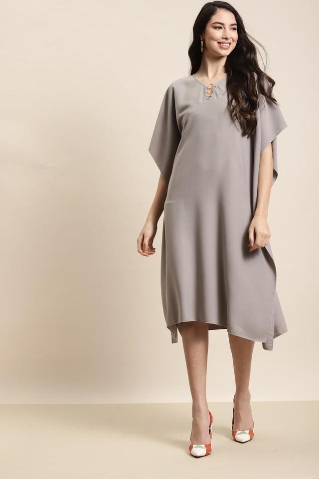 solid crepe v neck womens midi dress