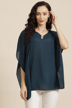 solid crepe v neck womens tunic - teal