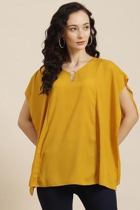 solid crepe v neck womens tunic - yellow