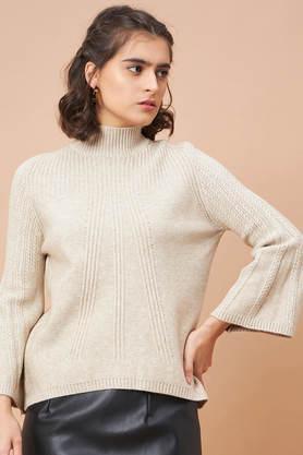 solid crew neck acrylic women's casual wear sweater - khaki