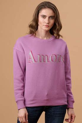 solid crew neck polyester women's casual wear sweatshirt - lilac