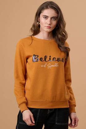 solid crew neck polyester women's casual wear sweatshirt - mustard