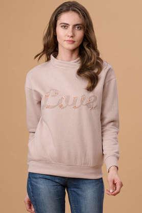 solid crew neck polyester women's casual wear sweatshirt - pink