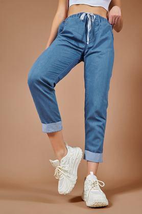 solid crop denim women's joggers - blue