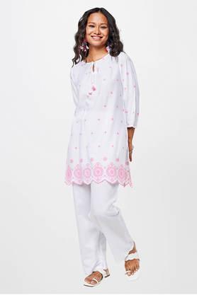 solid crop length viscose woven women's skirt kurta dupatta set - white