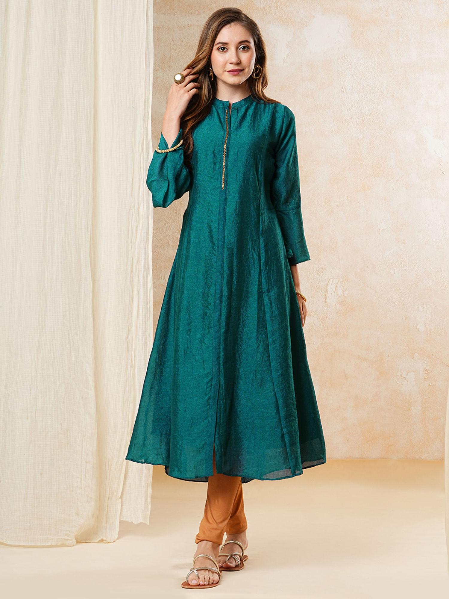 solid cut dana & zari embroidered a-line kurta - teal